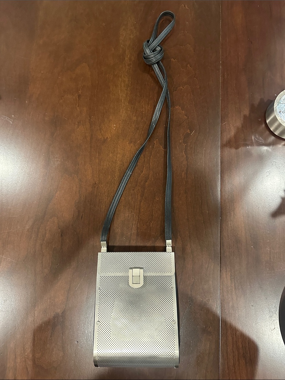 Silver Perforated Crossbody Phone Case with Black Strap